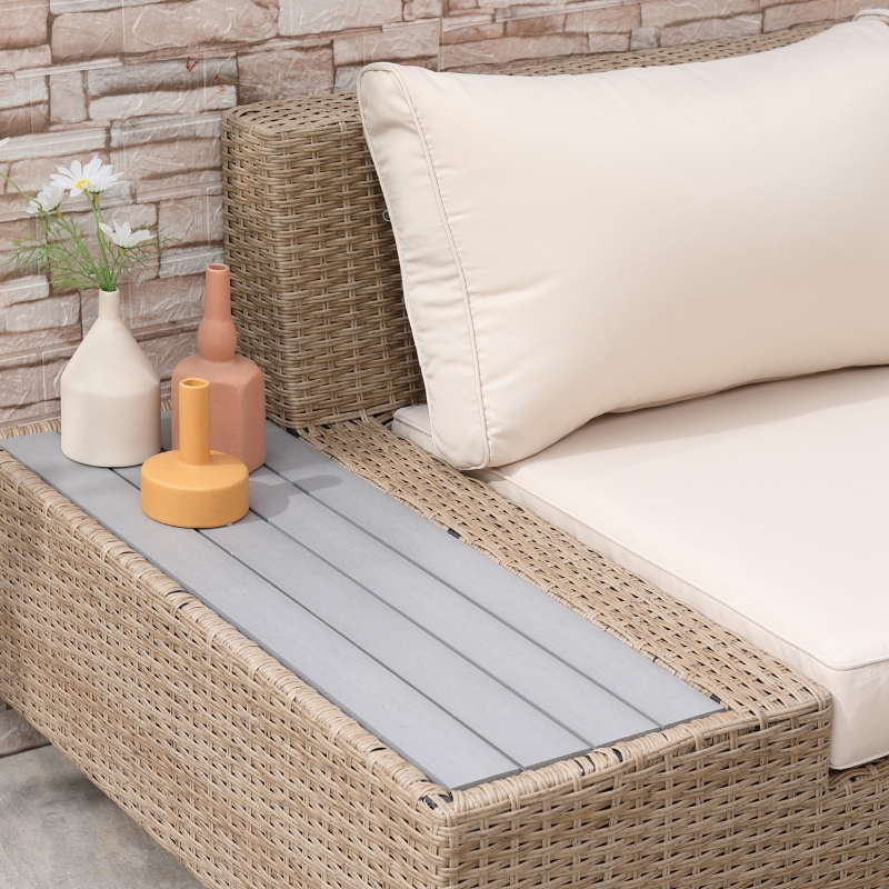 Best 4 Pieces Rattan Garden Furniture Set, Garden Corner Sofa with Side Trays, Wicker Conservatory Furniture Set with Loveseats, Slatted Plastic Top Coffee Table and Cushions, Beige - Image 9