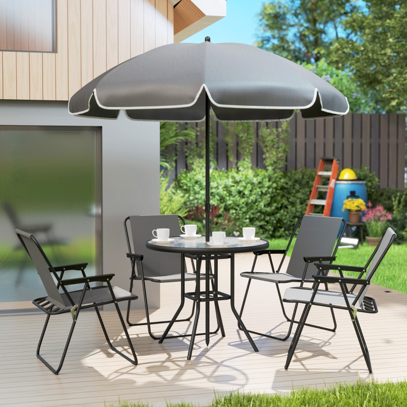 Best 4 Seater Garden Furniture Set, 6 Pieces Garden Table and Chairs with Parasol, Outdoor Garden Dining Set with Folding Chairs and Round Glass Top Table for Patio, Grey - Image 9