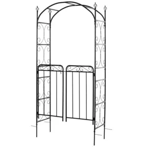 Best Garden Decorative Metal Arch with Gate Outdoor Patio Trellis Arbor for Climbing Plant Archway Antique Black - 108L x 45W x 215Hcm