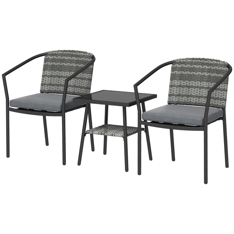 Best 3 Pieces Rattan Bistro Set with Cushions, Wicker Garden Furniture Set, Glass Top Coffee Table and Chairs for Outdoor Patio, Balcony, Terrace and Conservatory, Grey - Image 11