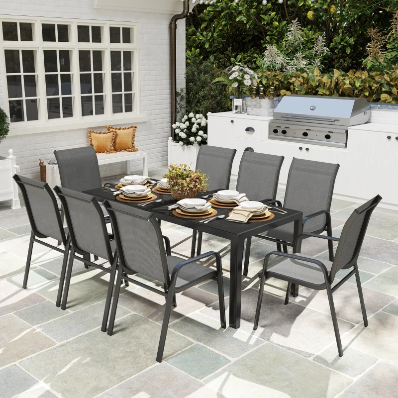 Best 8 Seater Garden Dining Set with Stacking Chairs, Rectangular Tempered Glass Top, Garden Furniture Set, Outdoor Dining Table and Chairs for Patio, Balcony, Poolside, Dark Grey - Image 2