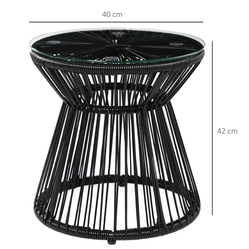 Best Round End Table, Rattan Side Table, Hollow Drum Design Coffee Table w/ Glass Tabletop for Patio, Garden, Balcony Black - Image 3