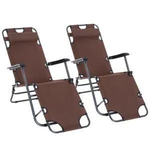 Best 2 Pieces 2 in 1 Sun Lounger Folding Reclining Chair Garden Outdoor Camping Adjustable Back with Pillow, Brown