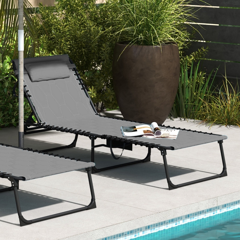 Best Foldable Sun Lounger with 5-level Reclining Back, Outdoor Tanning Chair Sun Lounger with Build-in Padded Seat, Side Pocket, Headrest for Beach, Yard, Patio, Grey - Image 10