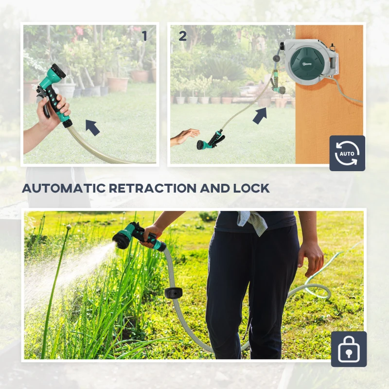 Best Retractable Hose Reel Wall Mounted, 20+2m Garden Hose Pipe Reel with Lock, Auto Rewind, 7 in 1 Spray Nozzle, Includes Wall Fixings, 180° Swivel, Outdoor Watering, Light Grey - Image 6