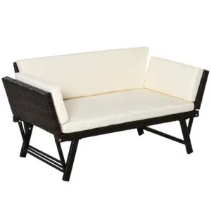 Best 2-Seater 2-in-1 Rattan Convertible Sofa Daybed Brown