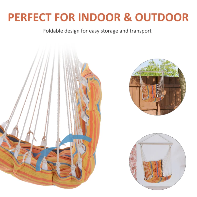 Best Outdoor Hanging Rope Chair with Soft Padded Seat & Backrest, Garden Hammock Chair with Wooden Support Bar Cotton Cloth, Portable Garden Chair for Patio & Tree, Orange - Image 6