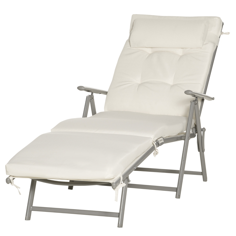 Best Sun Lounger Steel Frame Outdoor Folding Chaise Texteline Lounge Chair Recliner with Headrest & 7 Levels Adjustable Backrest, Cream White - Image 11