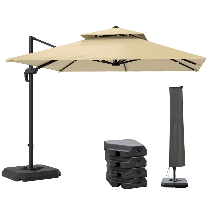 Best 2.7 x 2.7(m) Cantilever Parasol with Aluminium Frame, Crank and Tilt, 360° Rotation, Double Top Garden Umbrella with Base and Cover, Khaki - Image 10