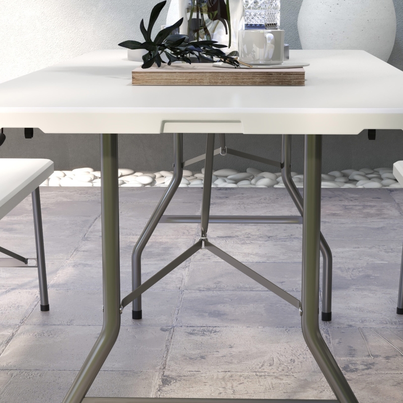 Best 180 x 75cm Folding Garden Table, Outdoor HDPE Picnic Table for 6, Rectangular Patio Table with Metal Frame, White - Image 9