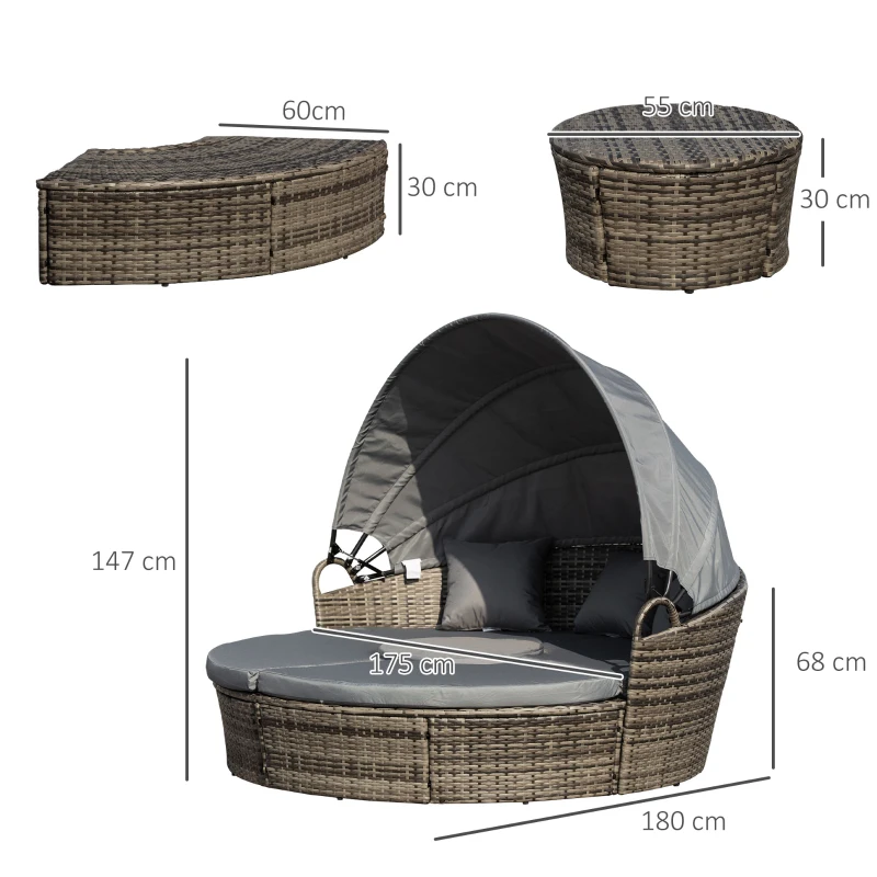 Best Outdoor PE Rattan Garden Furniture with Cushioned, Patio Wicker Conversation Furniture Set, Round Daybed with Retractable Canopy, Coffee Table and Three Pillows, Dark Grey - Image 3