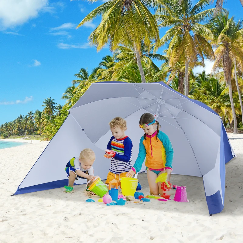 Best 2m UV Protection Fishing Beach Umbrella Brolly Shelter w/ Side Panel Tent Blue - Image 2