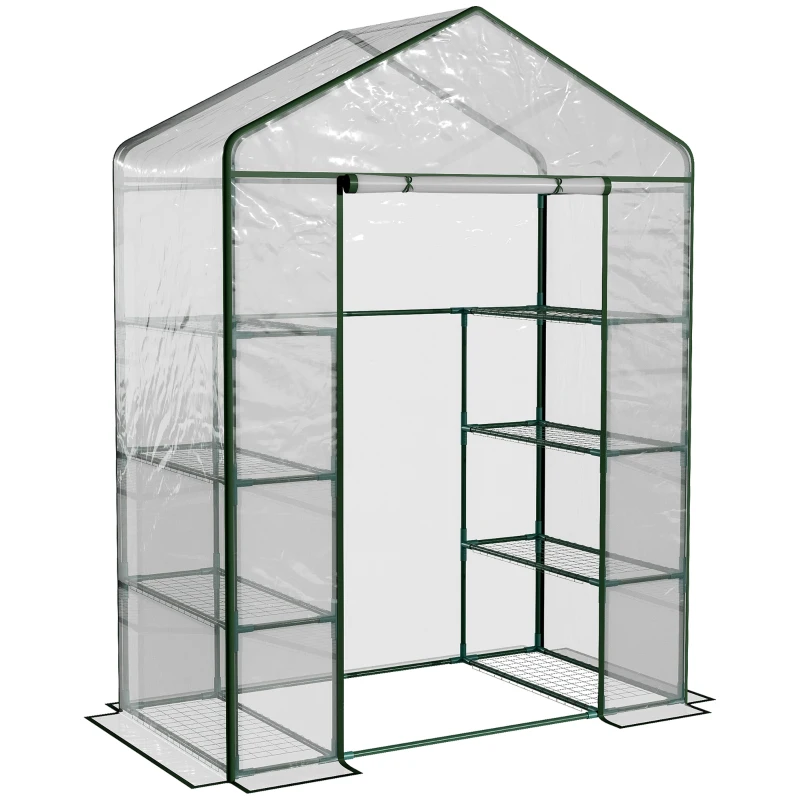 Best Walk in Greenhouse with 4-Tier 8 Shelves, Green House with Hemmed Cover, Roll-up Zipped Door, Steel Frame, 143 x 73 x 195cm