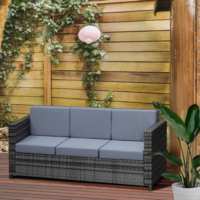 Best 3 Seater All Weather Outdoor Sofa, Garden Rattan Sofa with Cushions and Mental Frame, Grey - Image 13