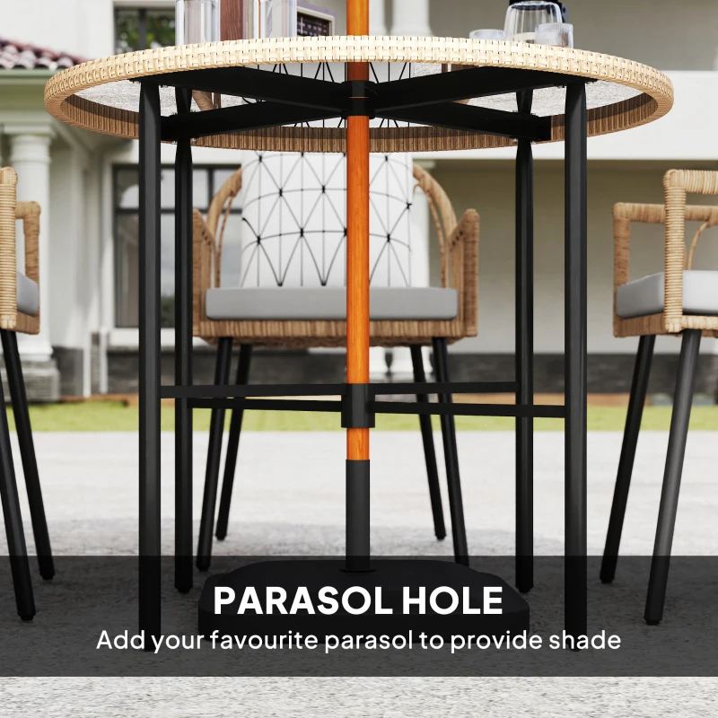 Best 5 Piece Patio Rattan Dining Set, Wicker Garden Table and Chairs w/ Removable Seat & Back Cushions, Round Tempered Glass Tabletop, Parasol Hole, Outdoor Furniture Conservatory Set, Light Brown - Image 7