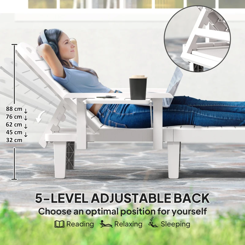 Best Set of 2 Resin Reclining Sun Loungers for Garden, 5 Positions Adjustable Outdoor Chaise Lounge Chairs with Wood Texture Surface, Armrests, Foldable Side Table for Garden, Beach, White - Image 4