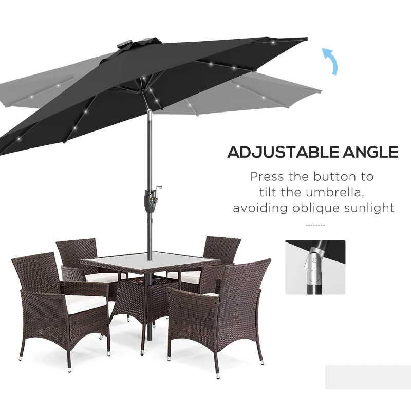 Best Φ2.7m Garden Parasol Solar Outdoor Tilt Sun Umbrella Patio Sun Shade w/ 24 LED Light, Hand Crank and 8 Ribs, Black - Image 6