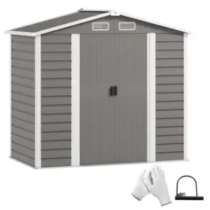 Best 7 x 4ft Garden Shed, Easy to Assemble, Upgraded Galvanised Steel Frame with Foundation Kit, Double Doors with Lock, Outdoor Metal Shed with Vents and Gloves, Garden Storage Shed, Light Grey