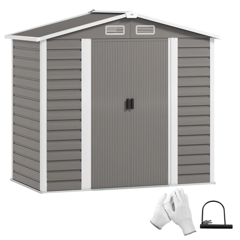 Best 7 x 4ft Garden Shed, Easy to Assemble, Upgraded Galvanised Steel Frame with Foundation Kit, Double Doors with Lock, Outdoor Metal Shed with Vents and Gloves, Garden Storage Shed, Light Grey