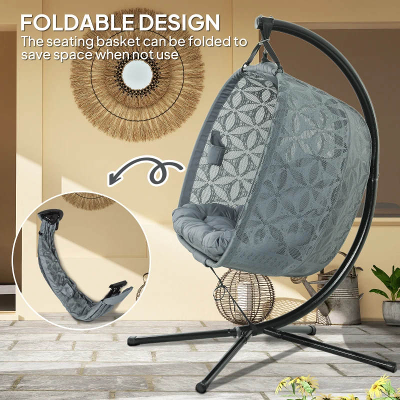 Best Outdoor Double Hanging Chair with Cushion and Cup Holders, Charcoal Grey - Image 5