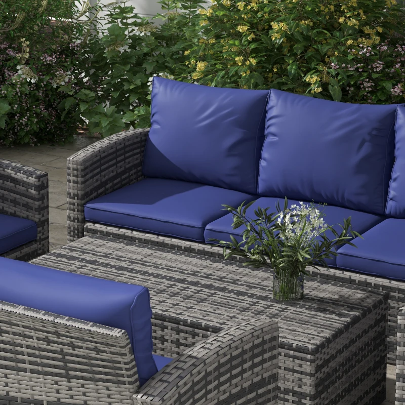 Best 6 Pieces Rattan Garden Furniture Set, 7 Seater Wicker Outdoor Furniture Set with Storage Tea Table & Side Table, Sectional Garden Sofa Set with Cushions, Navy Blue - Image 7