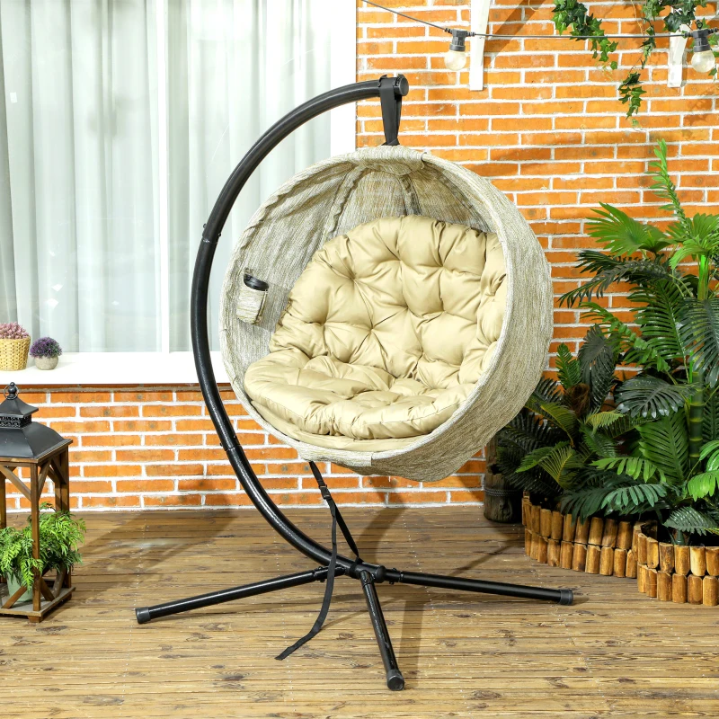 Best Hanging Egg Chair Outdoor Indoor Garden Swing Chair with Folding Basket, Garden Hanging Chair with Stand, Thickened Cushion, Cup Holder for Patio, Balcony, Khaki - Image 8