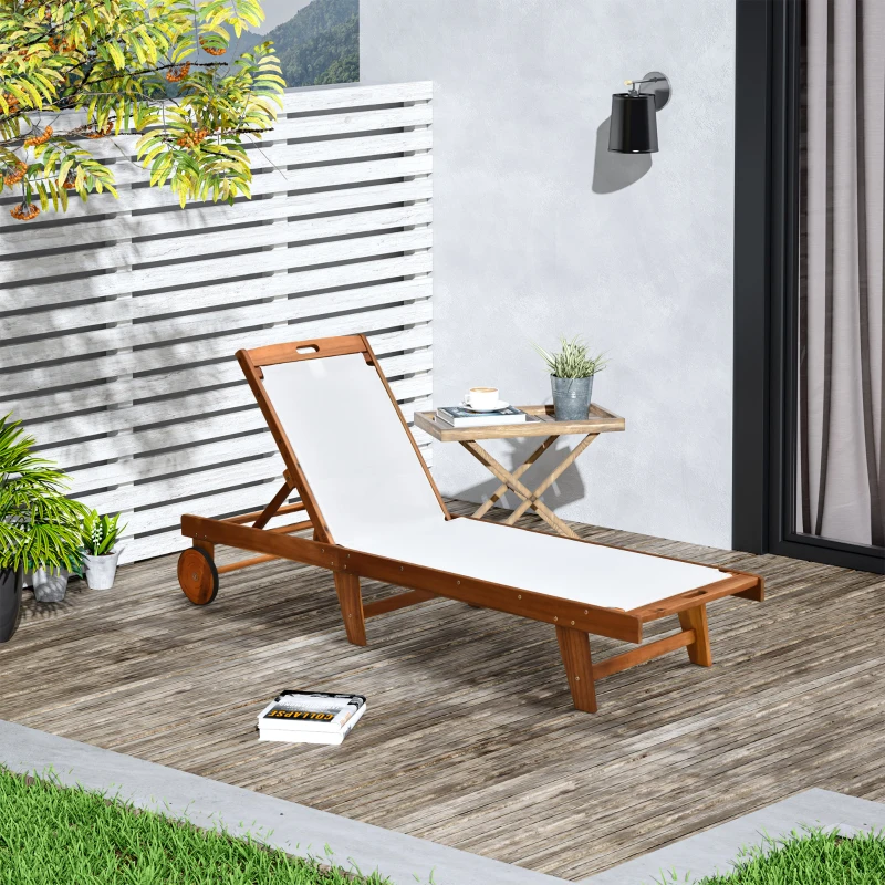 Best Outdoor Acacia Wood Texteline Beach Sun Lounger Garden Patio Sunbed Recliner Chaise Adjustable Backrest with Wheels - Image 2
