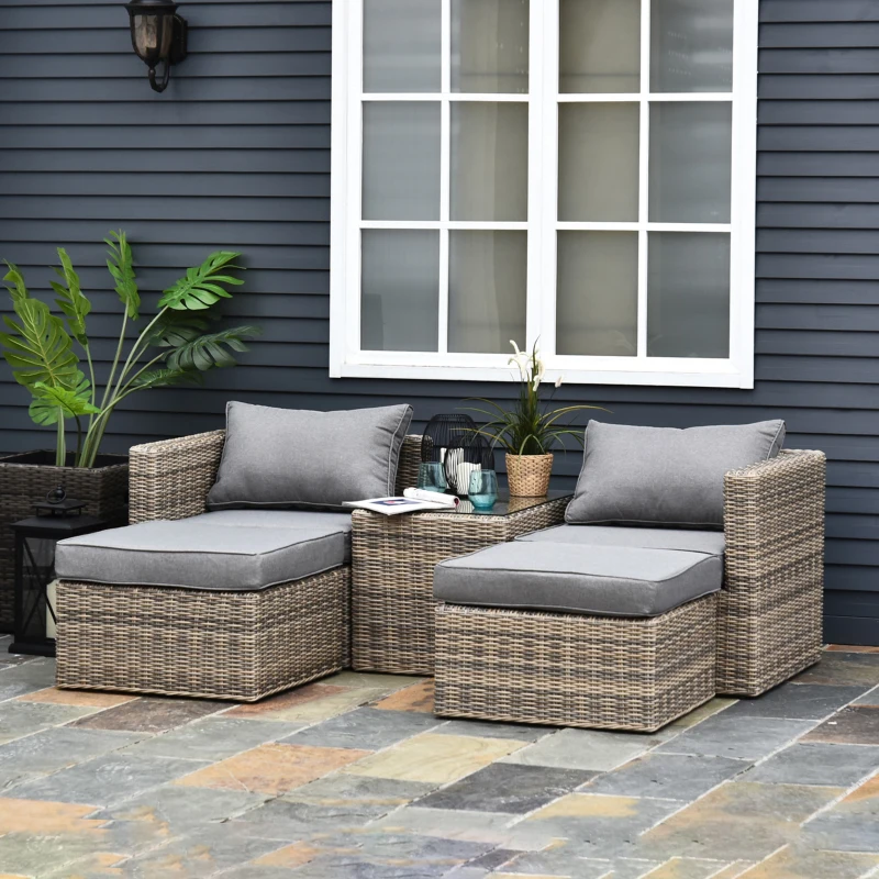 Best 5 Piece Rattan Garden Furniture Set w/ 10cm Thick Cushions, Aluminium Frame Wicker Outdoor Balcony Sofa Set with Corner Armchairs, Ottomans, and Glass Top Table, Mixed Brown - Image 2