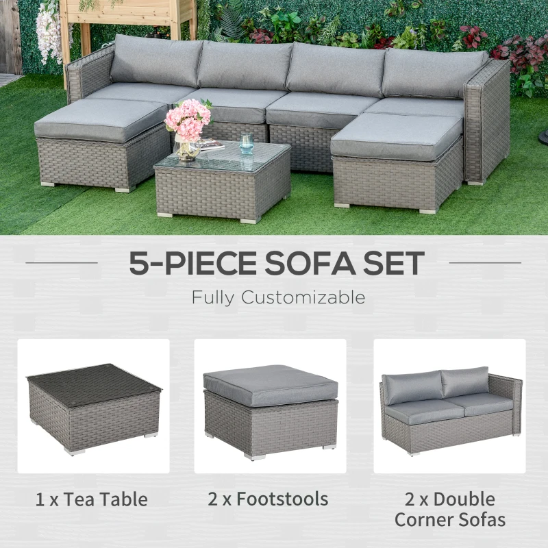 Best 5 PCs PE Rattan Wicker Corner Sofa Set Bonzer Outdoor Conservatory Furniture Lawn Patio Tea Table Footstool w/ Cushion - Grey - Image 7