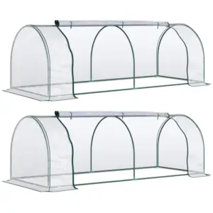 Best Set of 2 Tunnel Greenhouse, Green Grow House with Roll-up Door, Steel Frame, Plastic Cover for Garden, Outdoor, 250 x 100 x 80cm, Clear