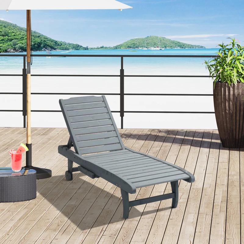 Best Garden Patio Sun Lounger, Outdoor Wooden Sun Bed with Built-In Table, Reclining Backrest and Rolling Wheels for Sunbathing, Grey - Image 2