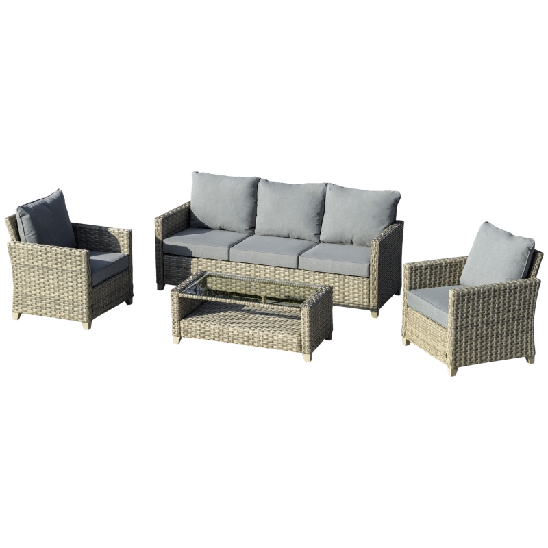 Best 4 Pieces Patio Wicker Sofa Set, Outdoor PE Rattan Sectional Conversation Aluminium Frame Furniture Set w/ Padded Cushion & 2-Tier Tea Table, Brown - Image 11