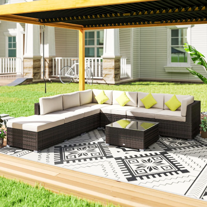 Best 8 Pieces PE Rattan Corner Sofa Set with Thick Cushions, Aluminium Outdoor Rattan Garden Furniture Set with Glass Top Table, No Assembly Required, Mixed Brown - Image 2