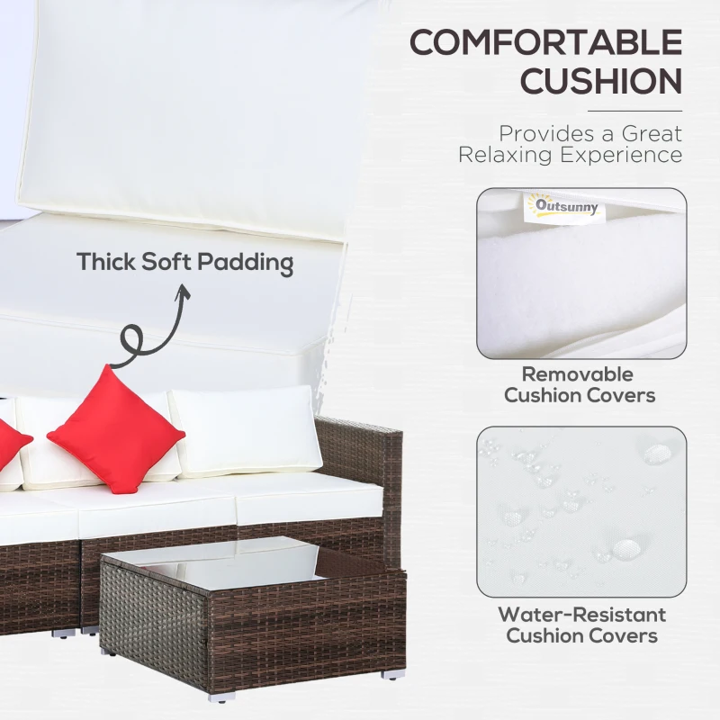 Best 6 Pieces Rattan Garden Furniture Set, 5 Seater Sectional Garden Corner Sofa Set with Glass Top Coffee Table, Cushions and Pillows, All-Weather Wicker Conversation Furniture, Cream White - Image 5