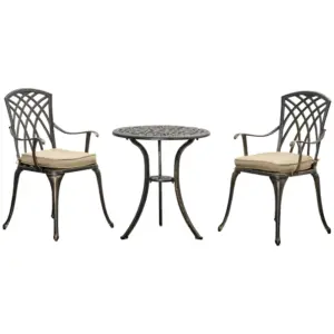 Best 3pc Cast Aluminium Garden Bistro Set for 2 with Parasol Hole, Outdoor Coffee Table Set Rust Resistant with Cushions, Bronze