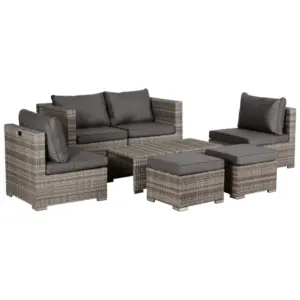Best 8 Pieces Rattan Garden Furniture Set, Garden Corner Sofa Set with 4 Chairs, 2 Footstools, 2 Coffee Tables and Cushions, Space-Saving Design, No Assembly Required, Grey