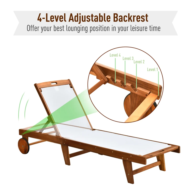 Best Outdoor Acacia Wood Texteline Beach Sun Lounger Garden Patio Sunbed Recliner Chaise Adjustable Backrest with Wheels - Image 4