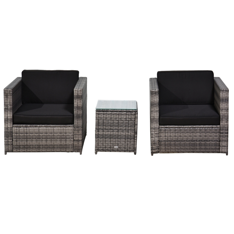 Best 3 Pieces Rattan Bistro Set, Wicker Garden Furniture Set with Glass Top Coffee Table and Chairs, Thickened Washable Cushions for Outdoor, Patio, Balcony, Grey - Image 11