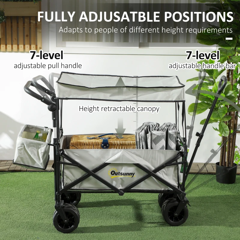 Best Folding Trolley Cart Storage Wagon Beach Trailer 4 Wheels with Handle Overhead Canopy Cart Push Pull for Camping, Grey - Image 5
