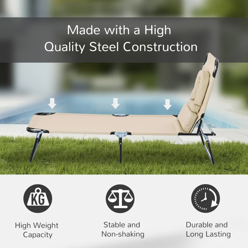 Best Outdoor Folding Sun Lounger with Face Hole, 4 Level Adjustable Backrest Reclining Garden Lounger, Garden Recliner Sunbed with 600 D Oxford Cloth Seat and Pillow for Beach, Beige - Image 6