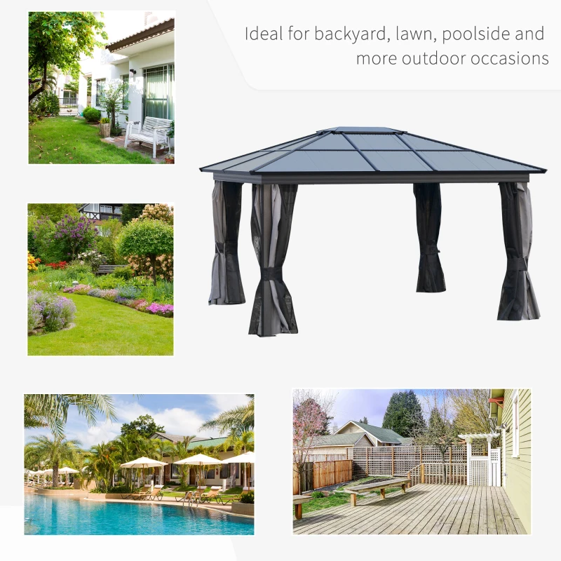 Best 3.6 x 4m Hardtop Gazebo Canopy with Polycarbonate Roof, Aluminium Frame, Permanent Pavilion Garden Gazebo with Netting and Curtains for Patio, Deck, Dark Grey - Image 7