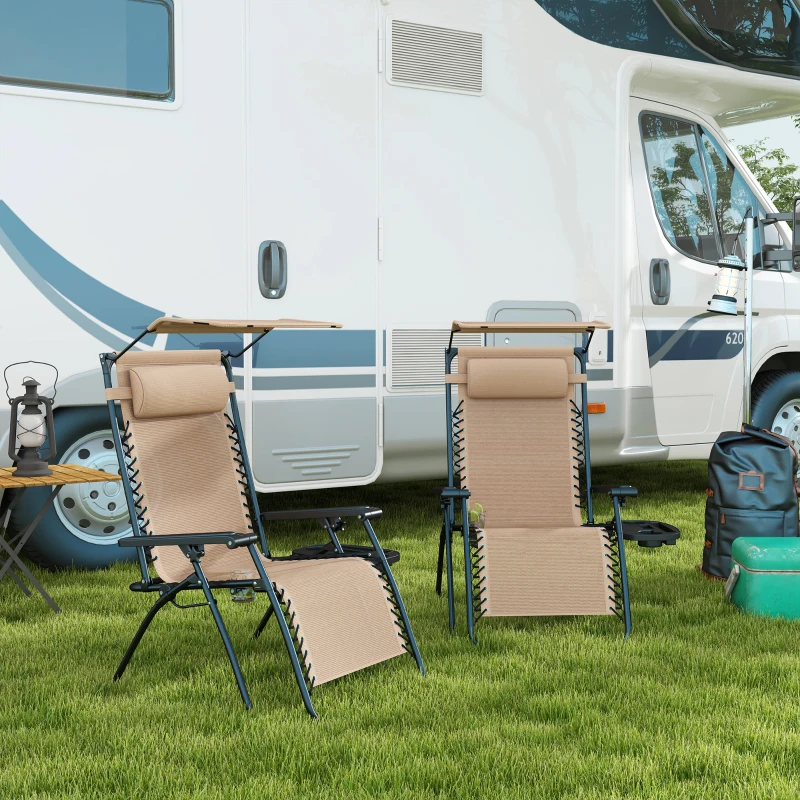 Best 2 Piece Foldable Reclining Garden Chair with Headrest, Zero Gravity Deck Sun Lounger Seat Chair with Footrest, Armrest, Cup Holder & Canopy Shade, Beige - Image 2