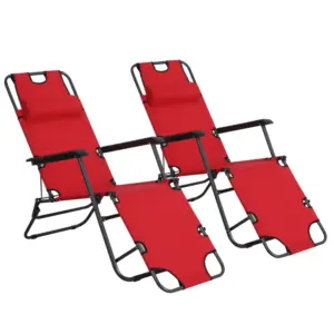 Best 2 Pieces 2 in 1 Sun Lounger Folding Reclining Chair Garden Outdoor Camping Adjustable Back with Pillow, Red