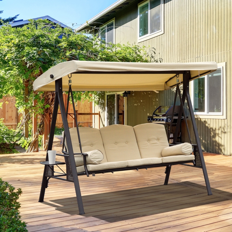 Best Swing Chair Hammock Chair 3 Seater Canopy Cushion Shelter Outdoor Bench Steel Beige - Image 14