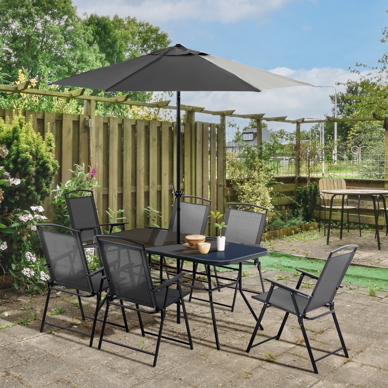 Best Eight-Piece Garden Dining Set, with Chairs, Table and Parasol - Black - Image 12