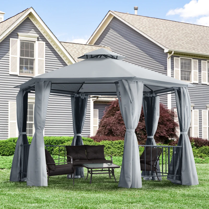 Best 3 x 3(m) Hexagon Gazebo Patio Canopy Party Tent Outdoor Garden Shelter w/ 2 Tier Roof & Side Panel - Grey - Image 2