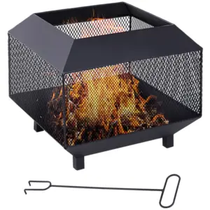 Best Metal Square Fire Pit Outdoor Mesh Firepit Brazier w/ Lid, Log Grate, Poker for Backyard, Camping, Bonfire, Wood Burning Stove, 44 x 44 x 40cm, Black