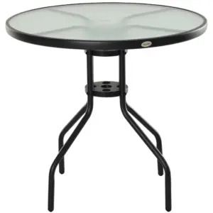 Best Bistro Table Outdoor Round Dining Coffee Table with Parasol Hole, Tempered Glass Top Side Table Patio Garden - 80cm Diameter