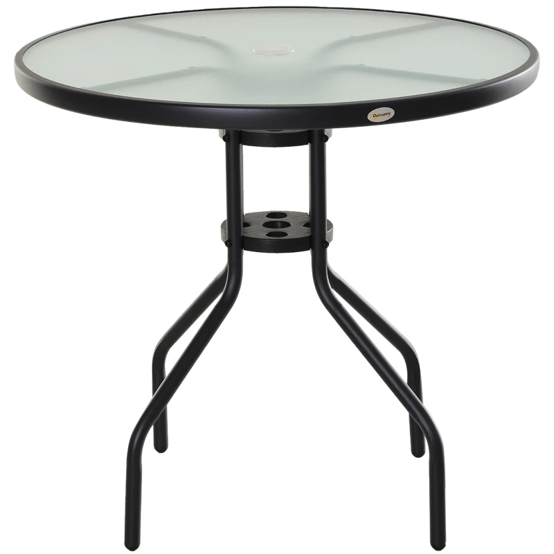 Best Bistro Table Outdoor Round Dining Coffee Table with Parasol Hole, Tempered Glass Top Side Table Patio Garden - 80cm Diameter