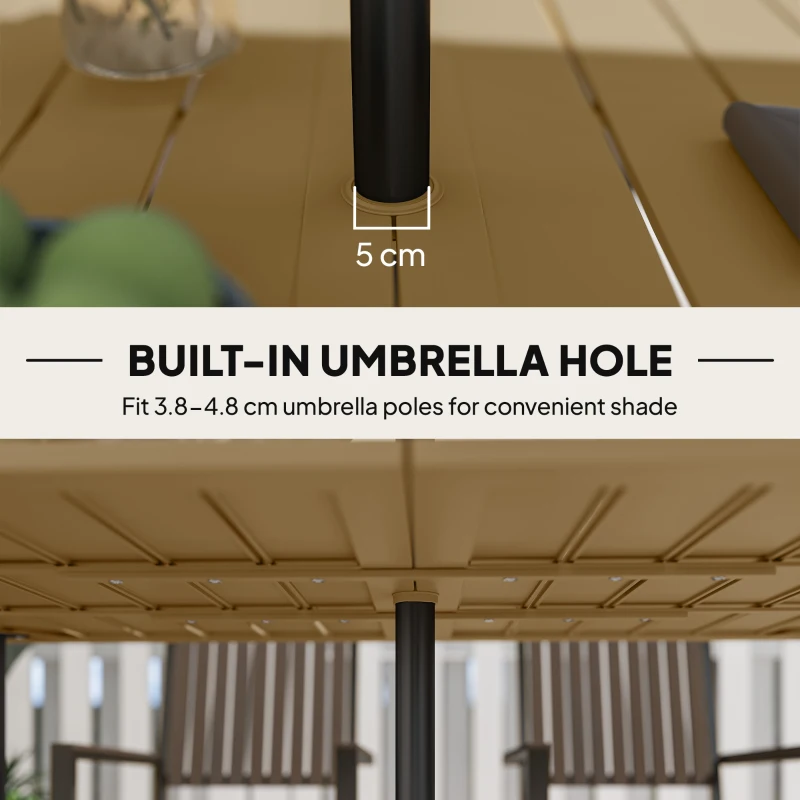 Best Garden Dining Table for 6 Person, Rectangle Outdoor Coffee Table with 5 cm Parasol Hole, Slatted Tabletop and Steel Frame for Patio Balcony, Brown - Image 5